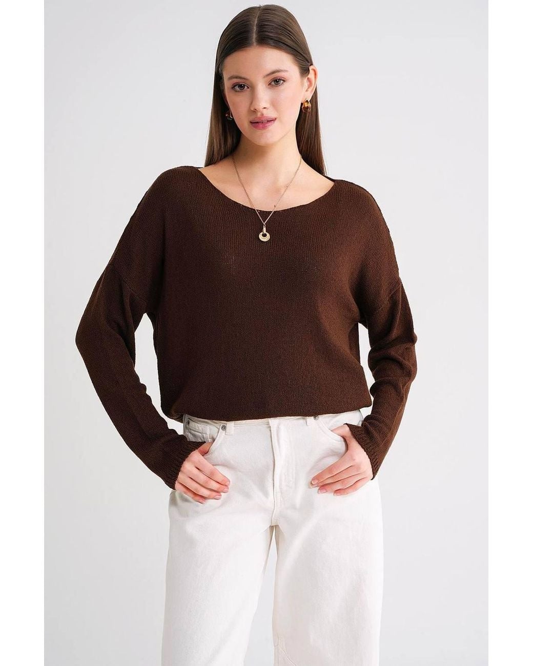 MixRay Brown Oversized Boat Neck Knit Sweater