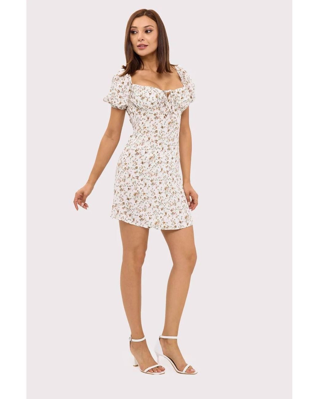 Hiccup White Floral Sweetheart Neck Mini Dress With A Balloon Sleeves
