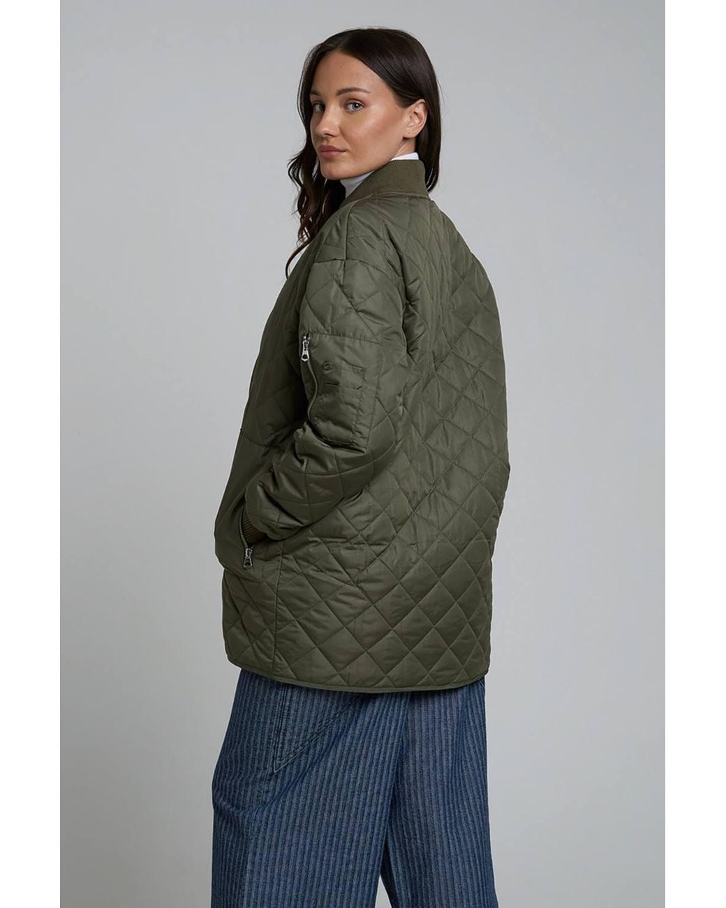 Wednesday's Girl Green Diamond Quilted Bomber Mid-Length Zip Jacket