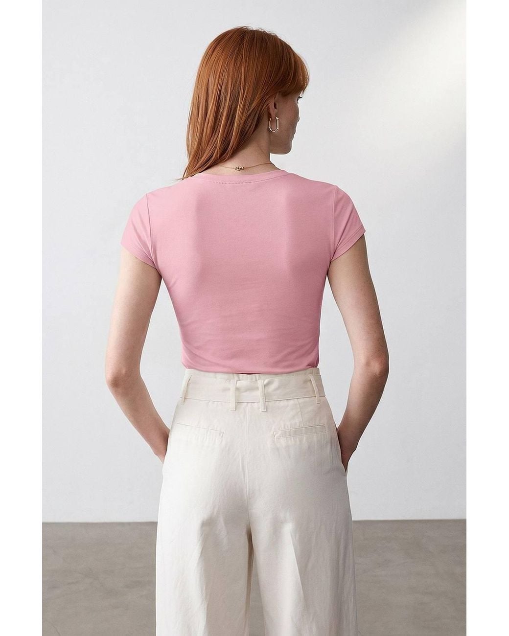 Dilvin Pink Slim Fit V-Neck Jersey Blouse