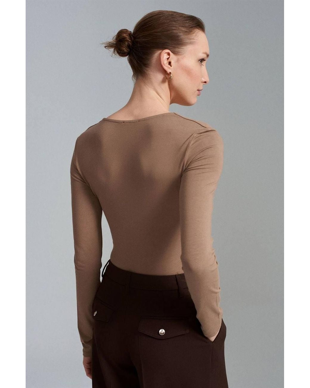 Dilvin Brown Slim Fit V-Neck Jersey Blouse