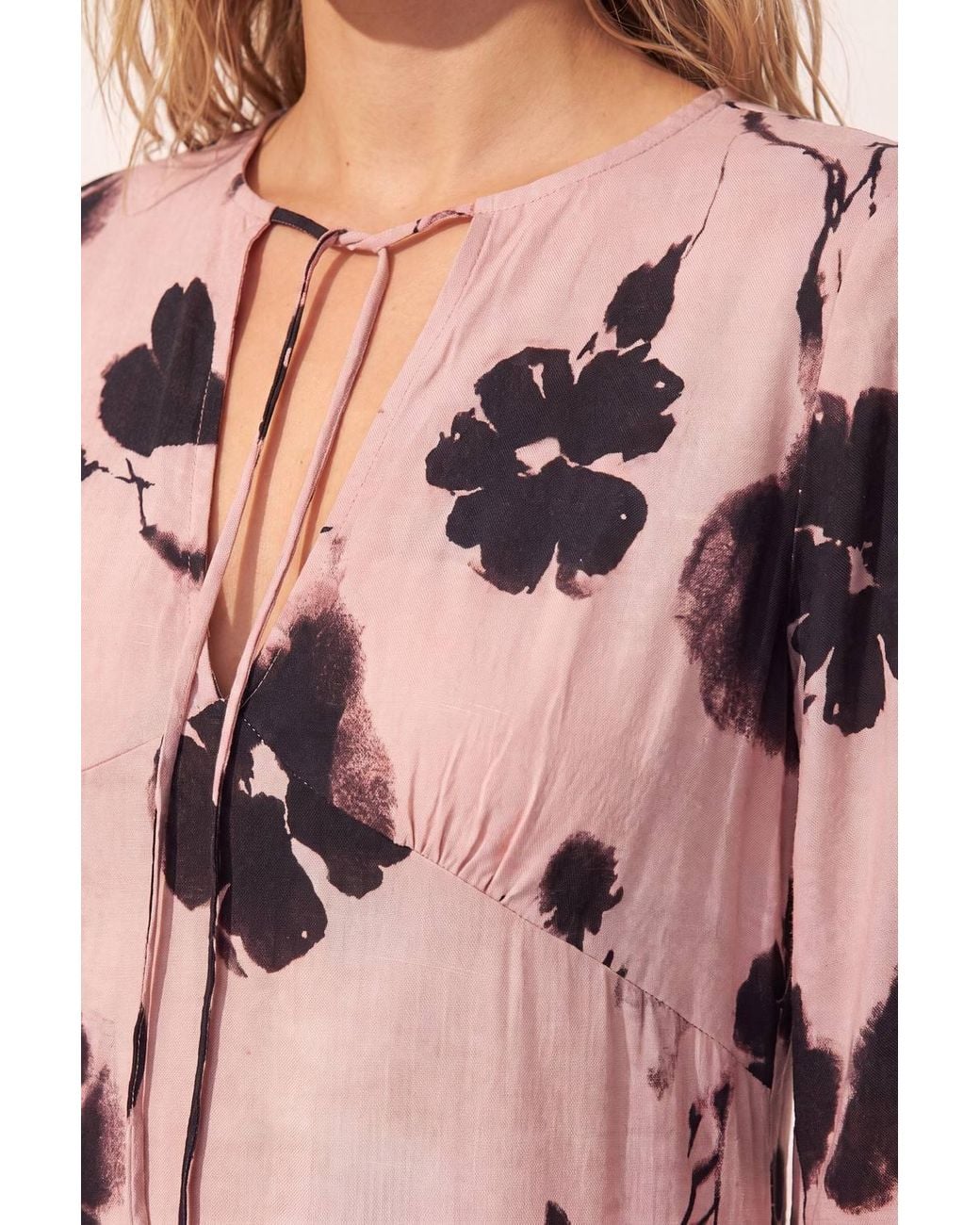 Nasty Gal Pink Painted Floral Tie Front High Neck Fluted Sleeve Mini Dress