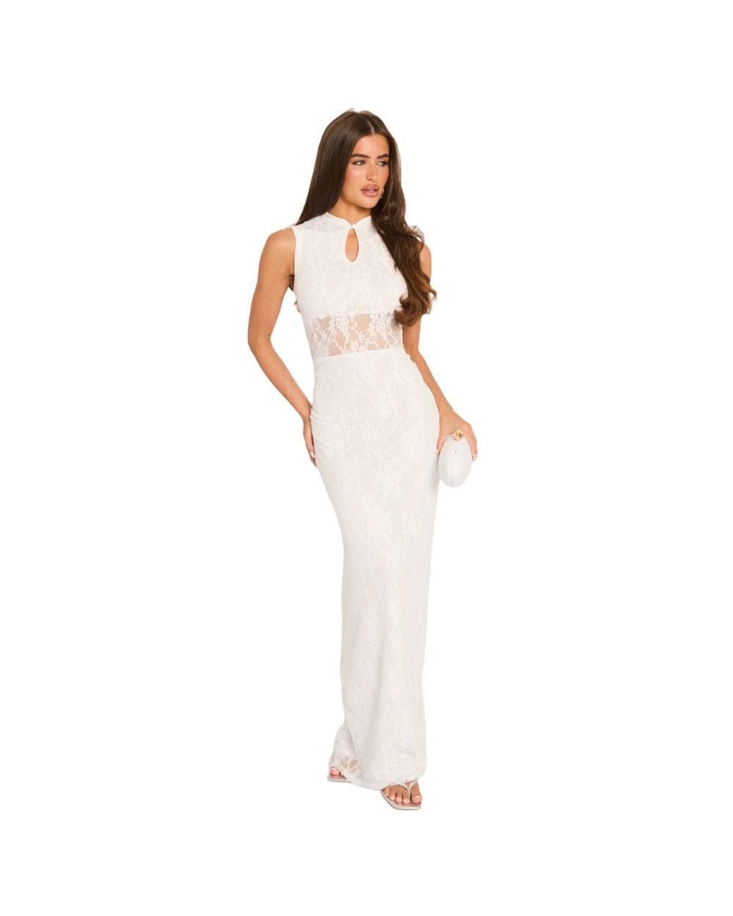 Rebellious Fashion White Lace High Neck Keyhole Detail Maxi Dress