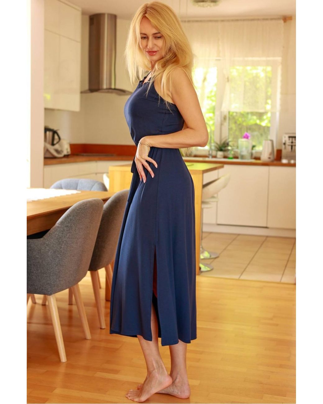 Love Lace Blue Long Viscose Dress With Elastic Waist & Belt