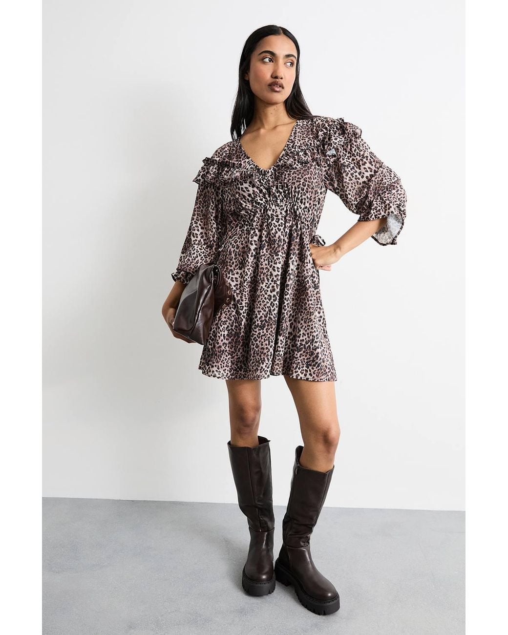 Warehouse Multicolor Printed Ruffle Shoulder Detail V Neck Boho Mini Dress
