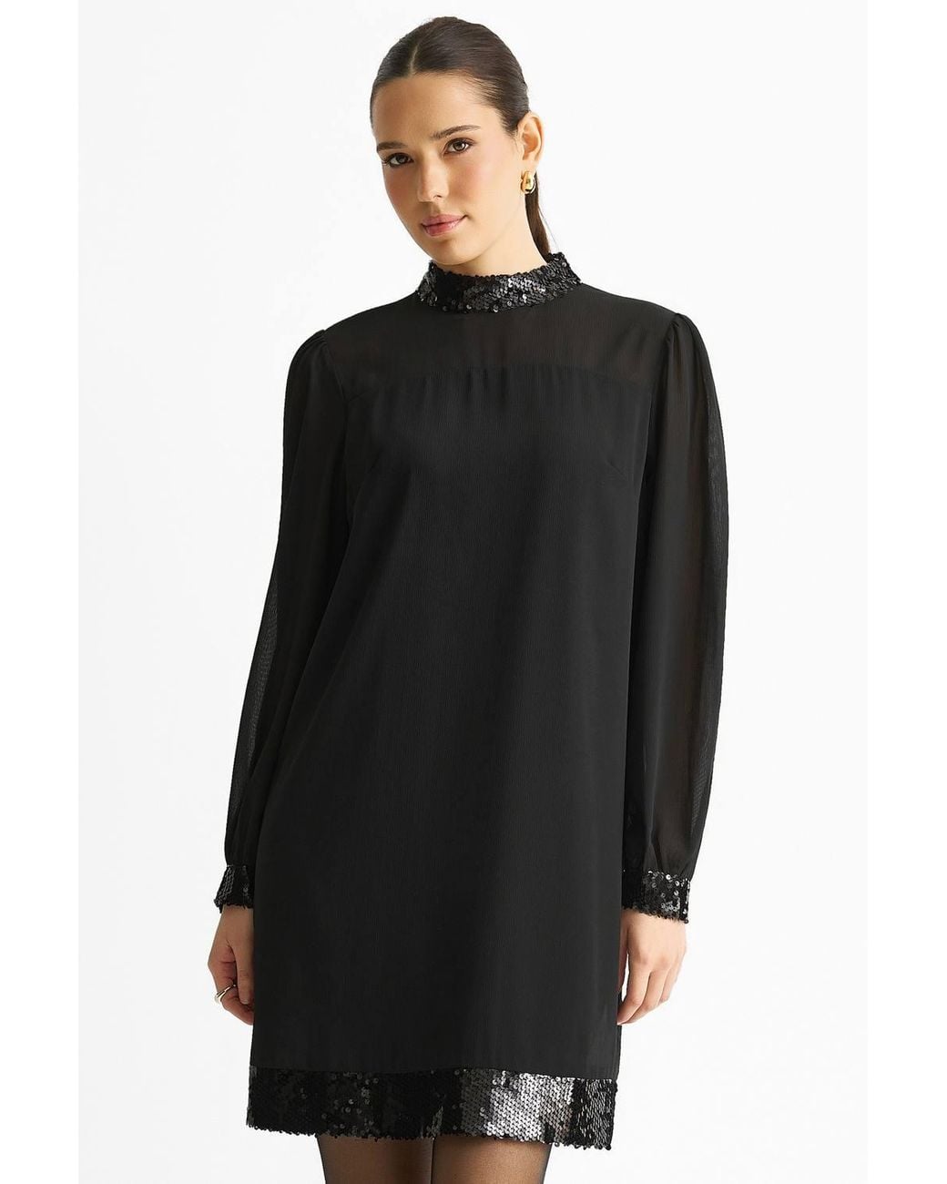 Gini London Black Sequin Trim High Neck Belted Mini Dress