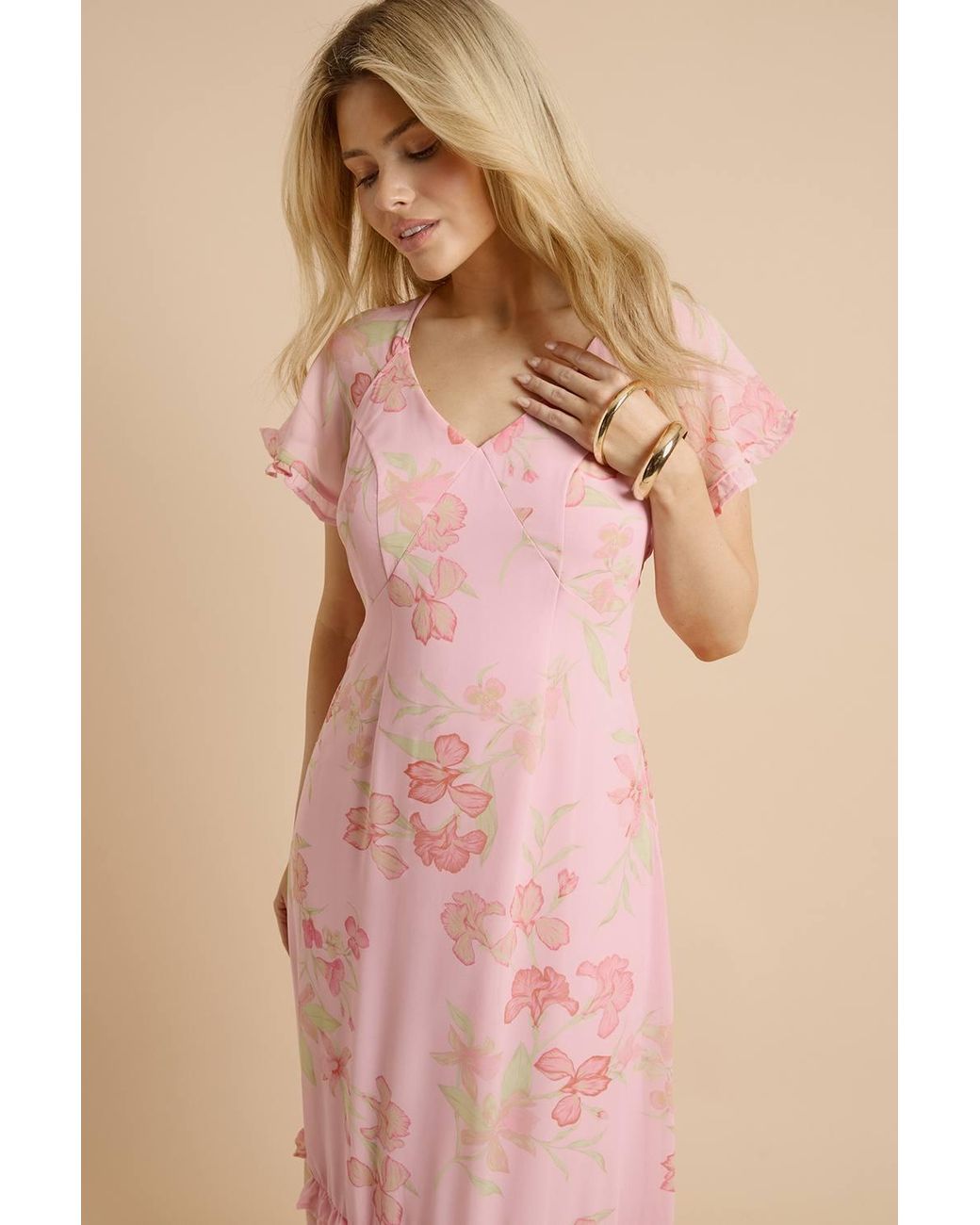 Dorothy Perkins Pink Dp Luxe Printed Flutter Raglan Sleeve Midi Dress