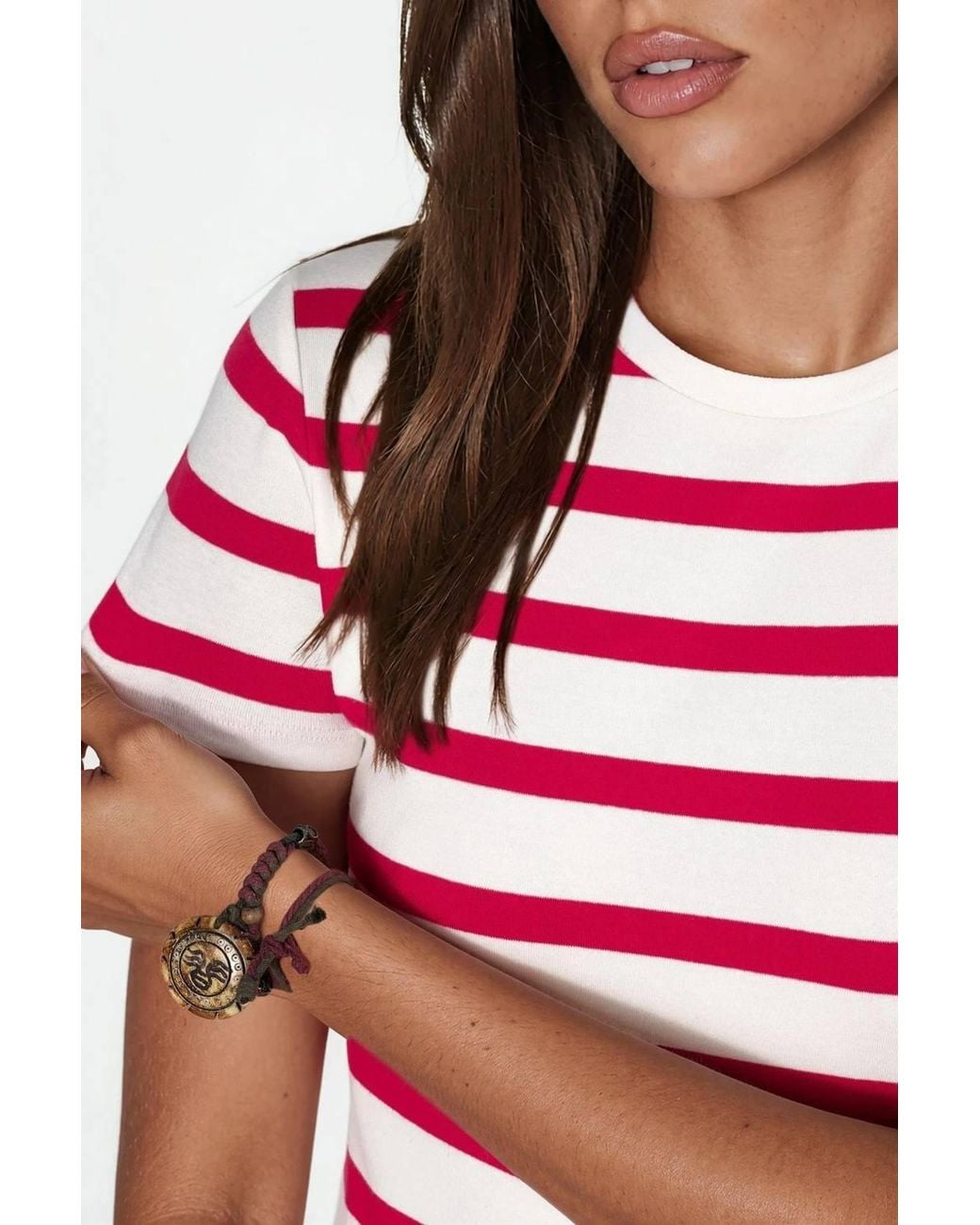 Busem Red Striped Crew Neck Basic T-Shirt
