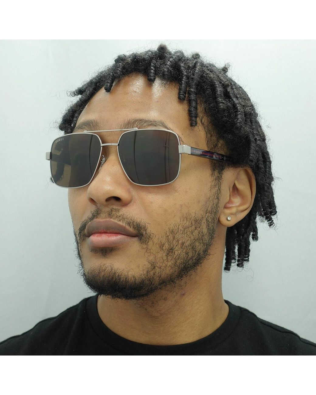 Gucci Brown Square Ruthenium Havana Sunglasses for men