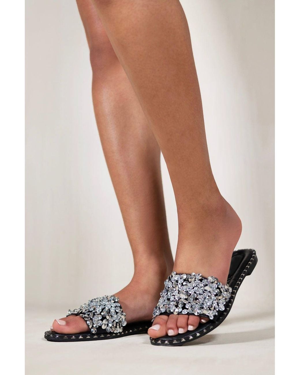 Where's That From Black 'Belle' Diamante Sparkly Flat Sliders
