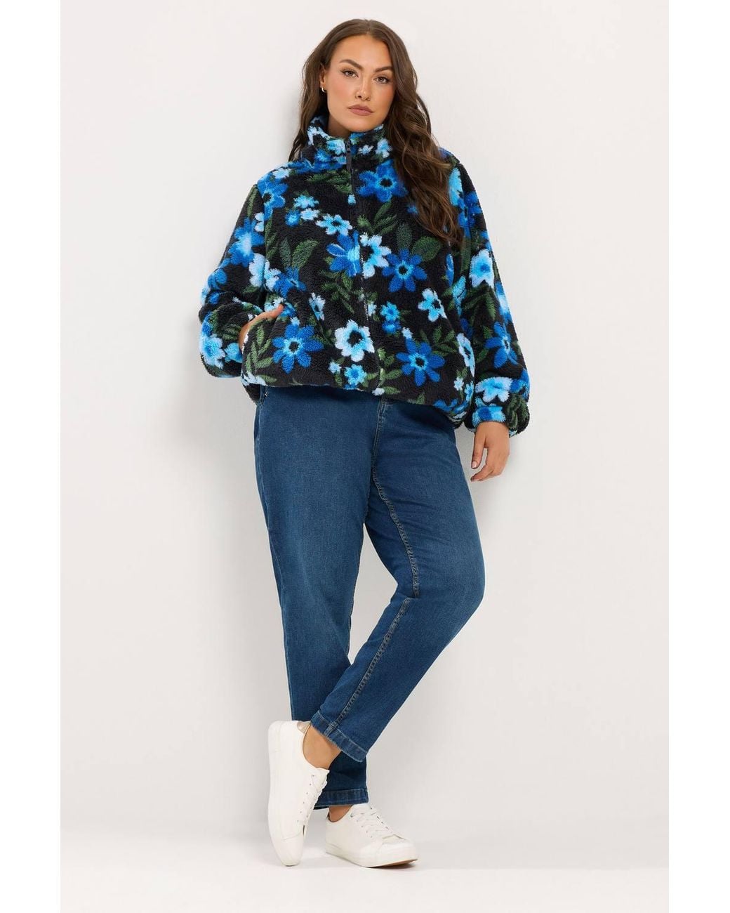 Yours Blue Floral Print Zip Through Fleece
