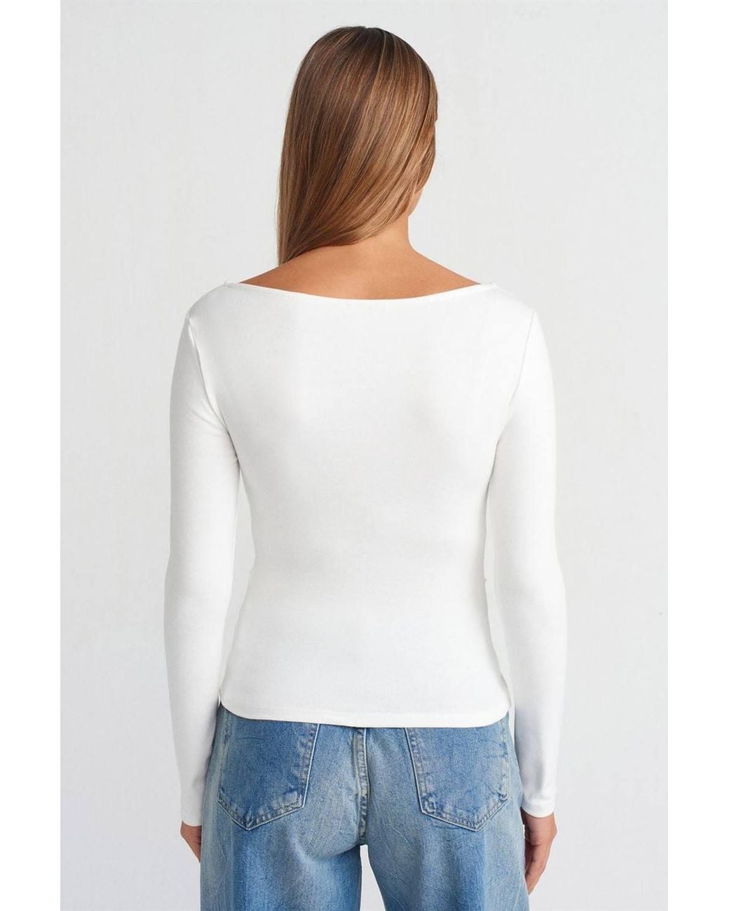 Dilvin White Slim Fit Ribbed Boat Neck Blouse