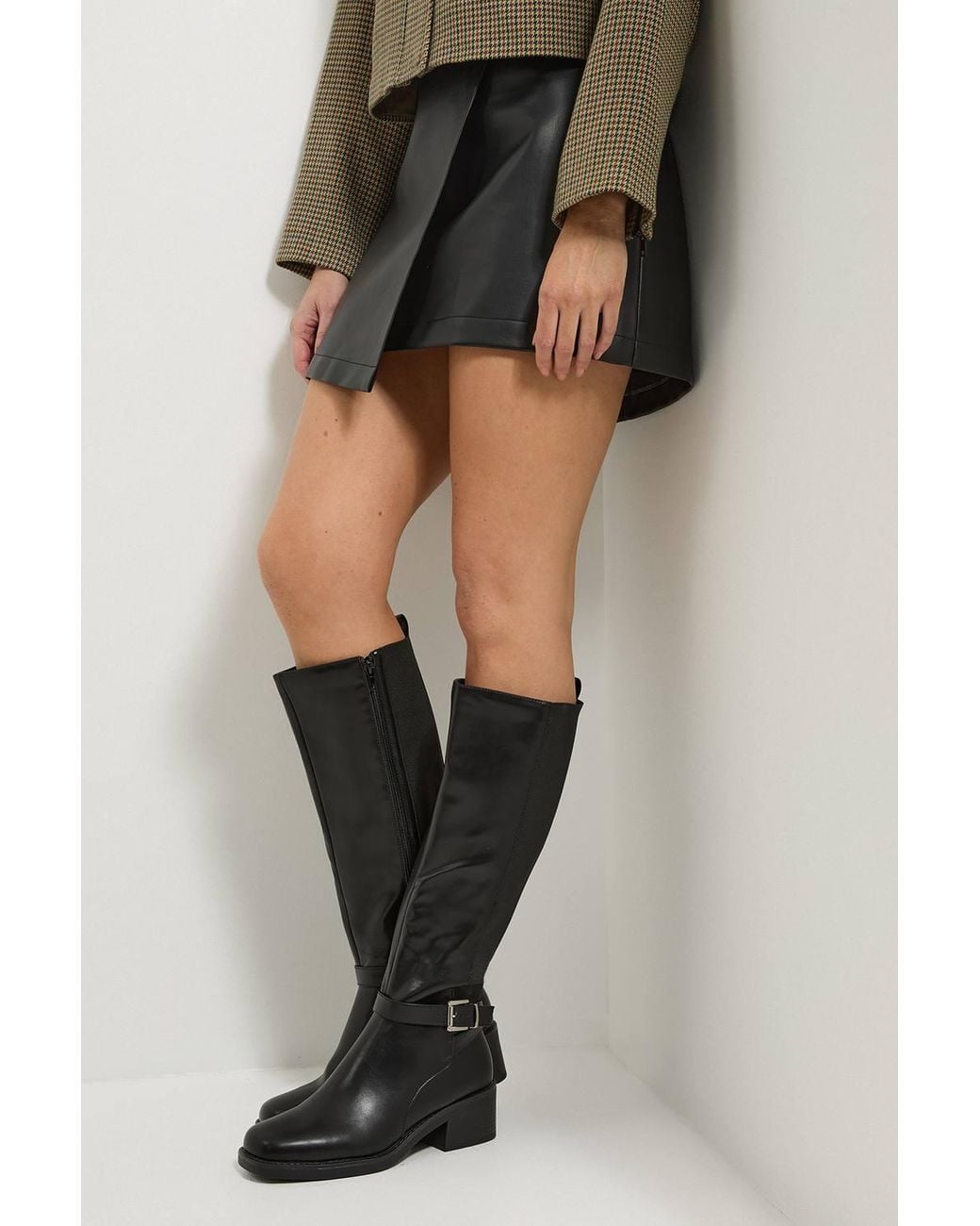 Dorothy Perkins Black Melanie Faux Leather Buckle Detail Chunky Medium Block Heel Knee Boots