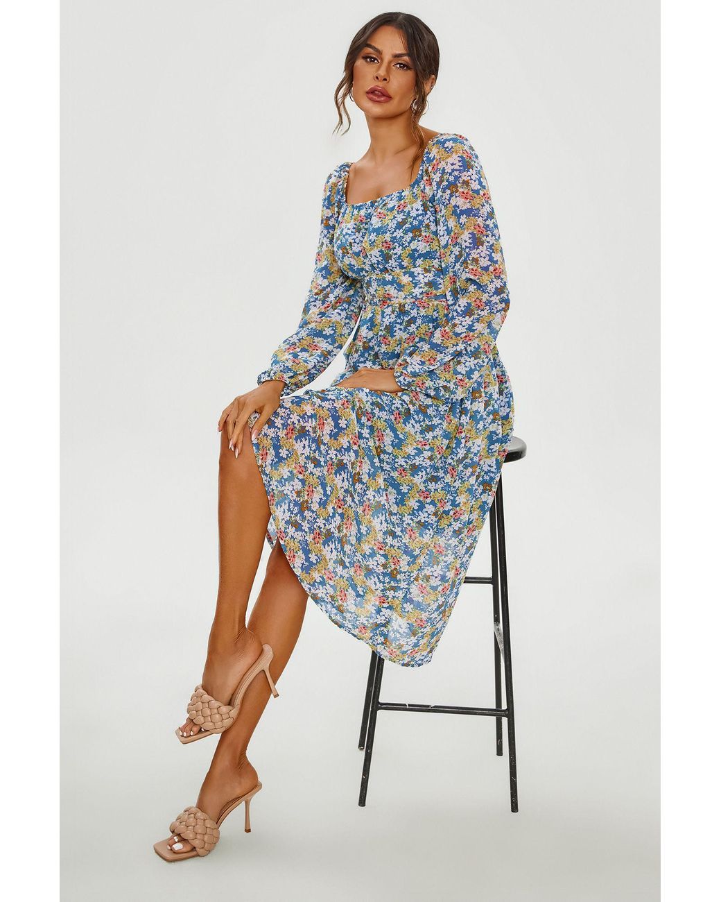 FS Collection Blue Floral Print Long Sleeve Maxi Dress
