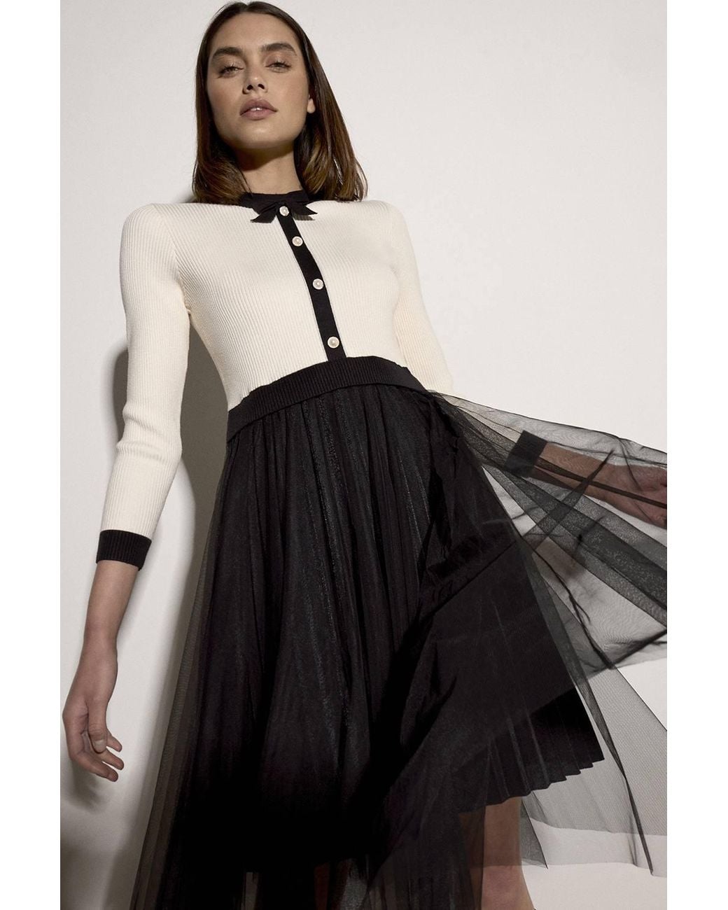 Apricot Black Tulle Skirt Knit Mini Dress