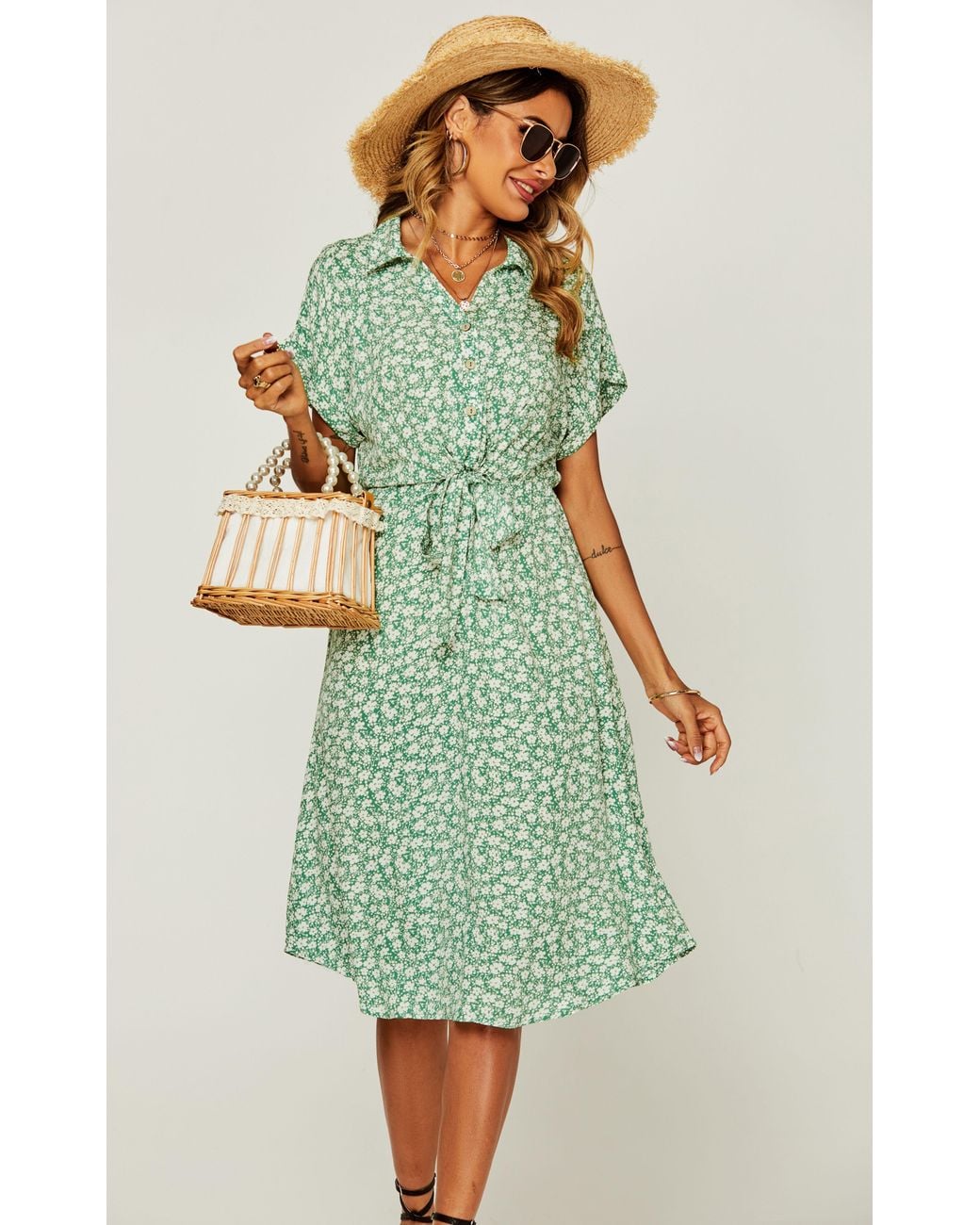 FS Collection Green Relaxed Floral Print Button Down Midi Shirt Dress