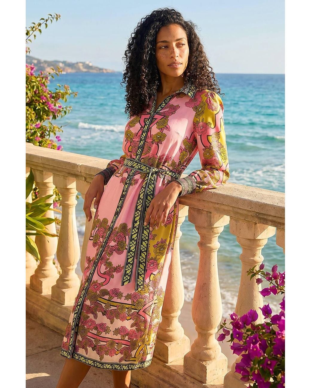 Roman Blue Floral Print Border Shirt Midi Dress