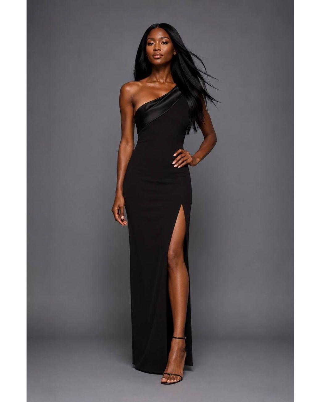 Vesper Black One Shoulder Satin Band Maxi Dress