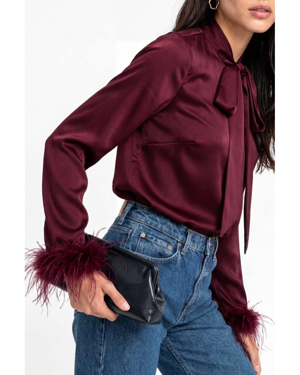 Lovedrobe Red Pussybow Collar Feather Cuffs Button Up Satin Blouse