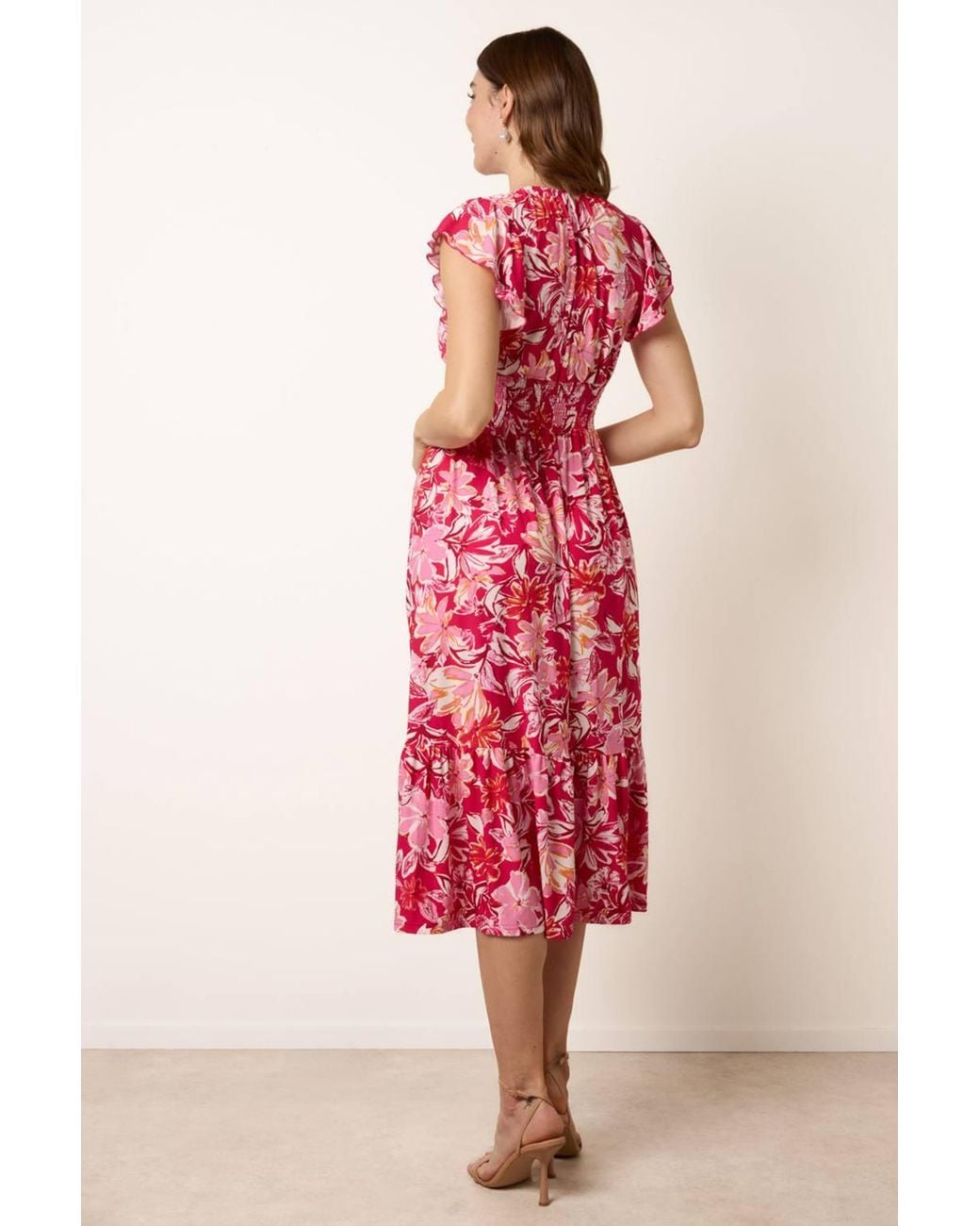 Blue Vanilla Pink Shirred Waist Short Sleeve V-Neck Midi Dress