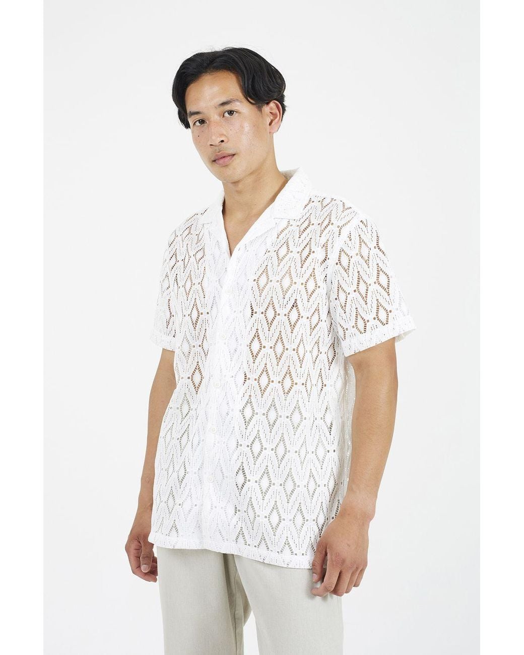 Brave Soul White Geometric Crochet Short Sleeve Shirt for men