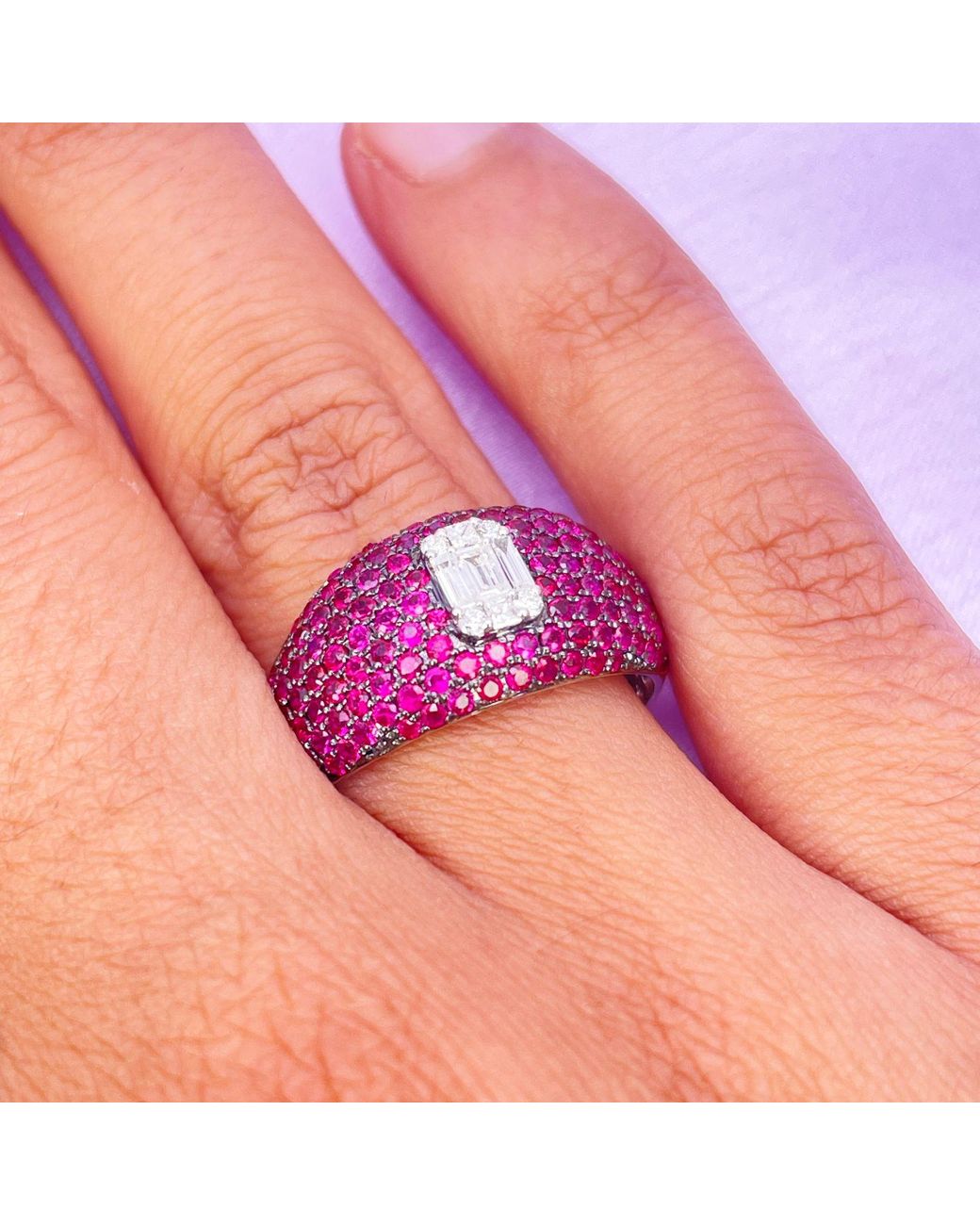 Raina Jewels Purple 18Ct Whitegold Ruby Baguette Diamond Cluster Cocktail Dome Ring 1.45Ct