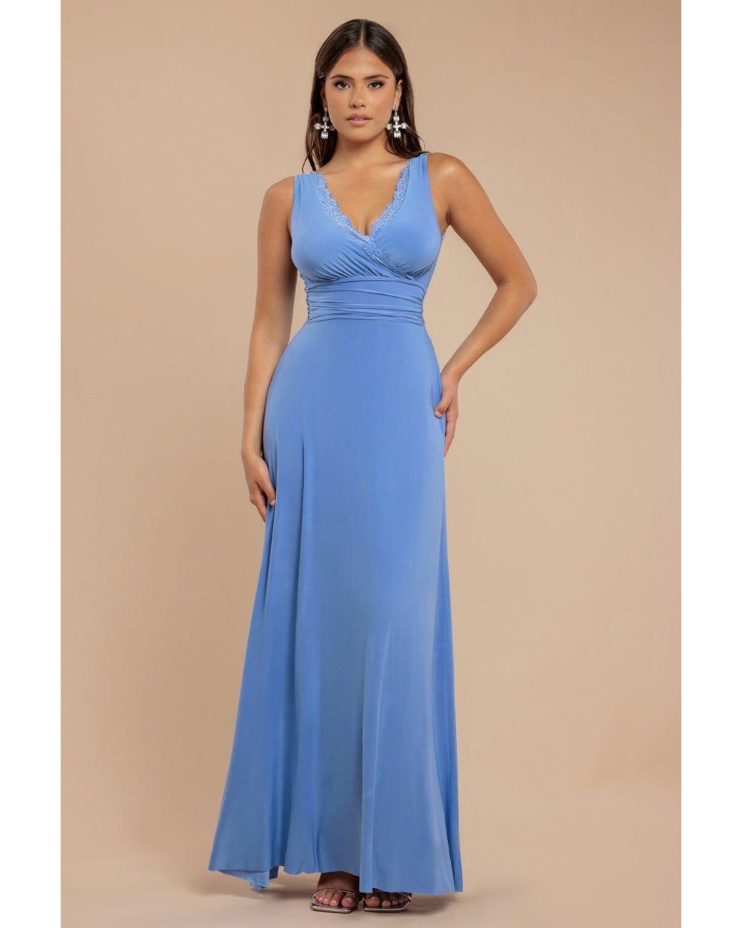 Goddiva Blue Diamante & Scalloped Lace Neck Maxi Dress