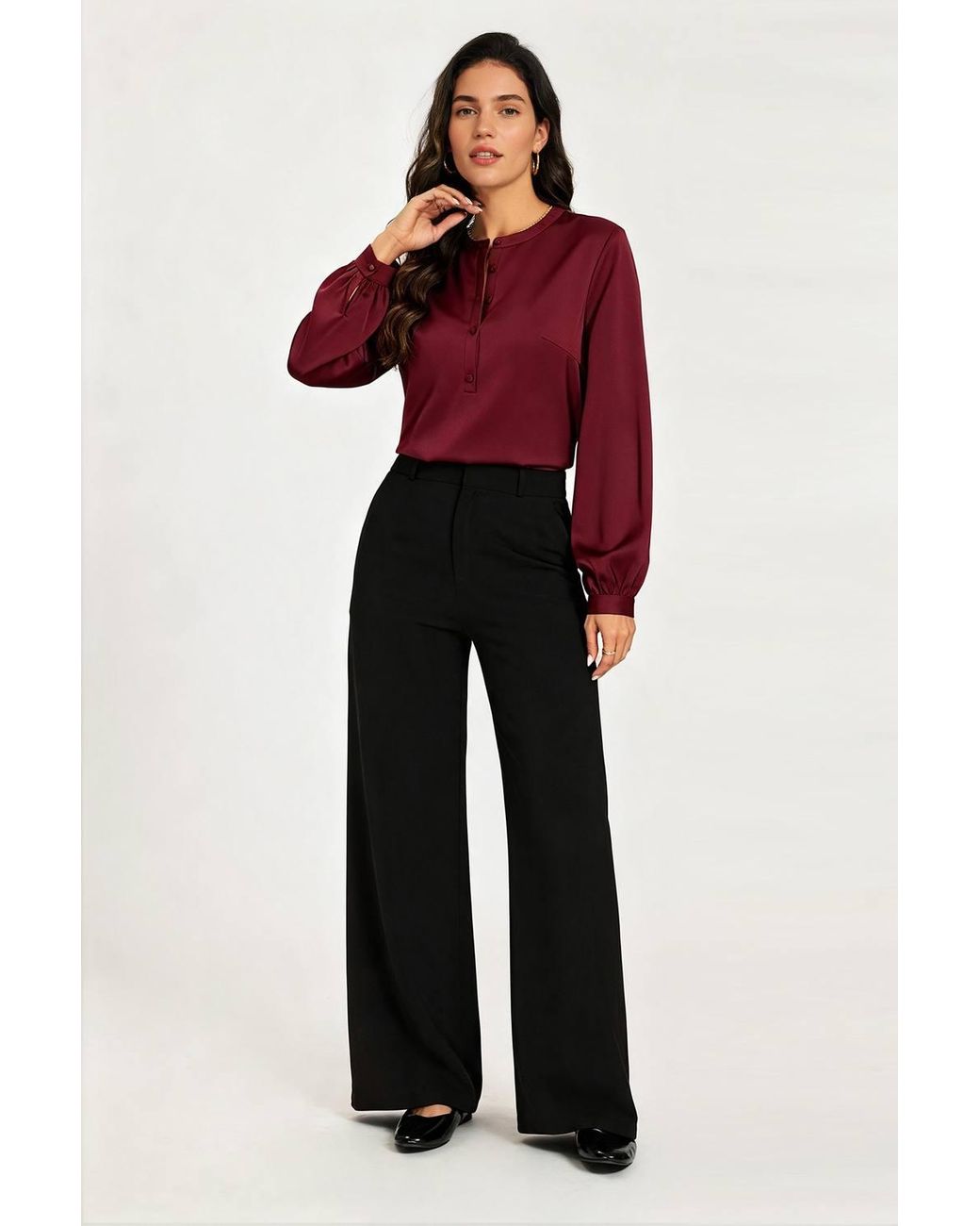 FS Collection Red Grandad Collar Button Front Satin Blouse