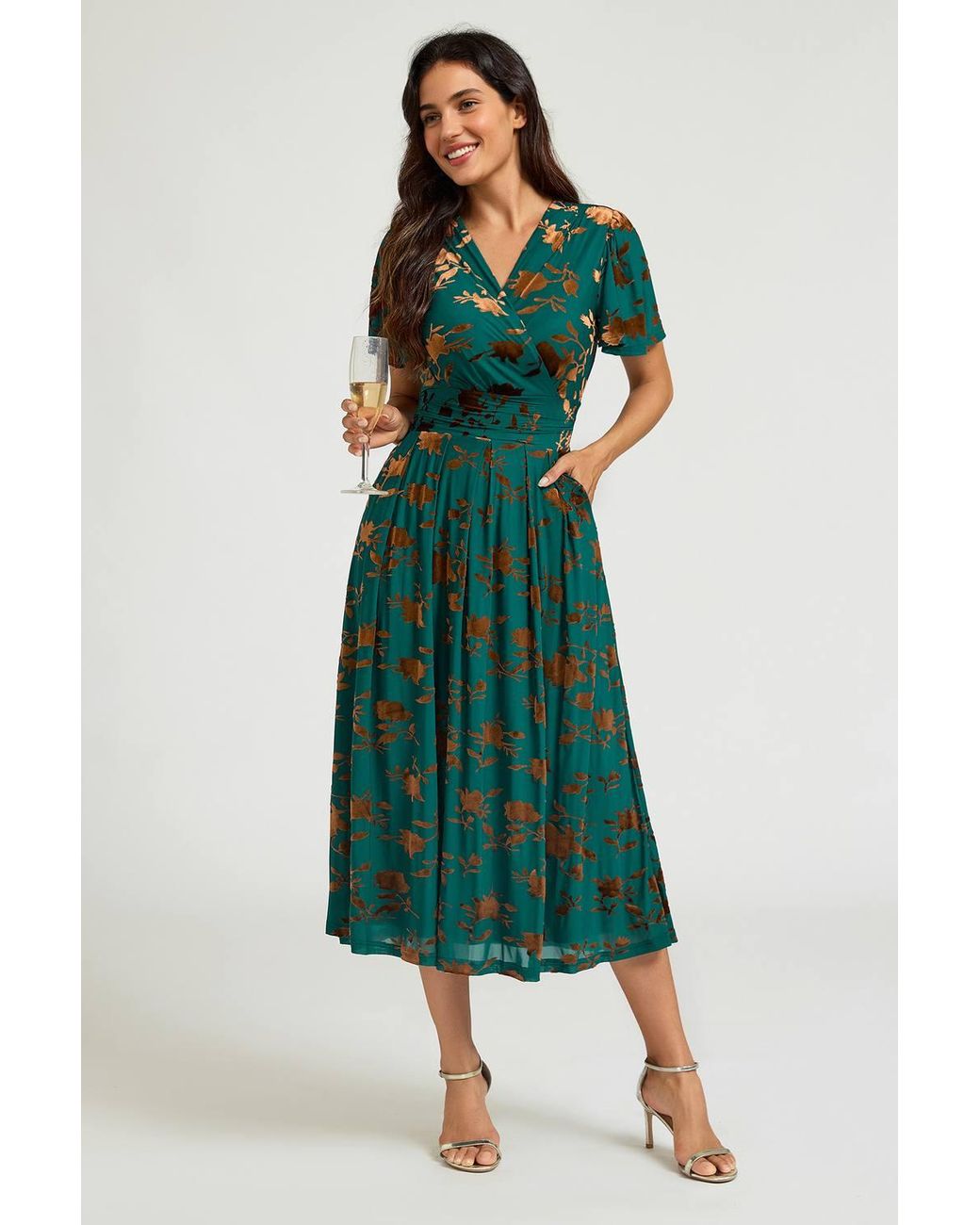 FS Collection Green Velvet Flock Short Sleeve Midi Dress