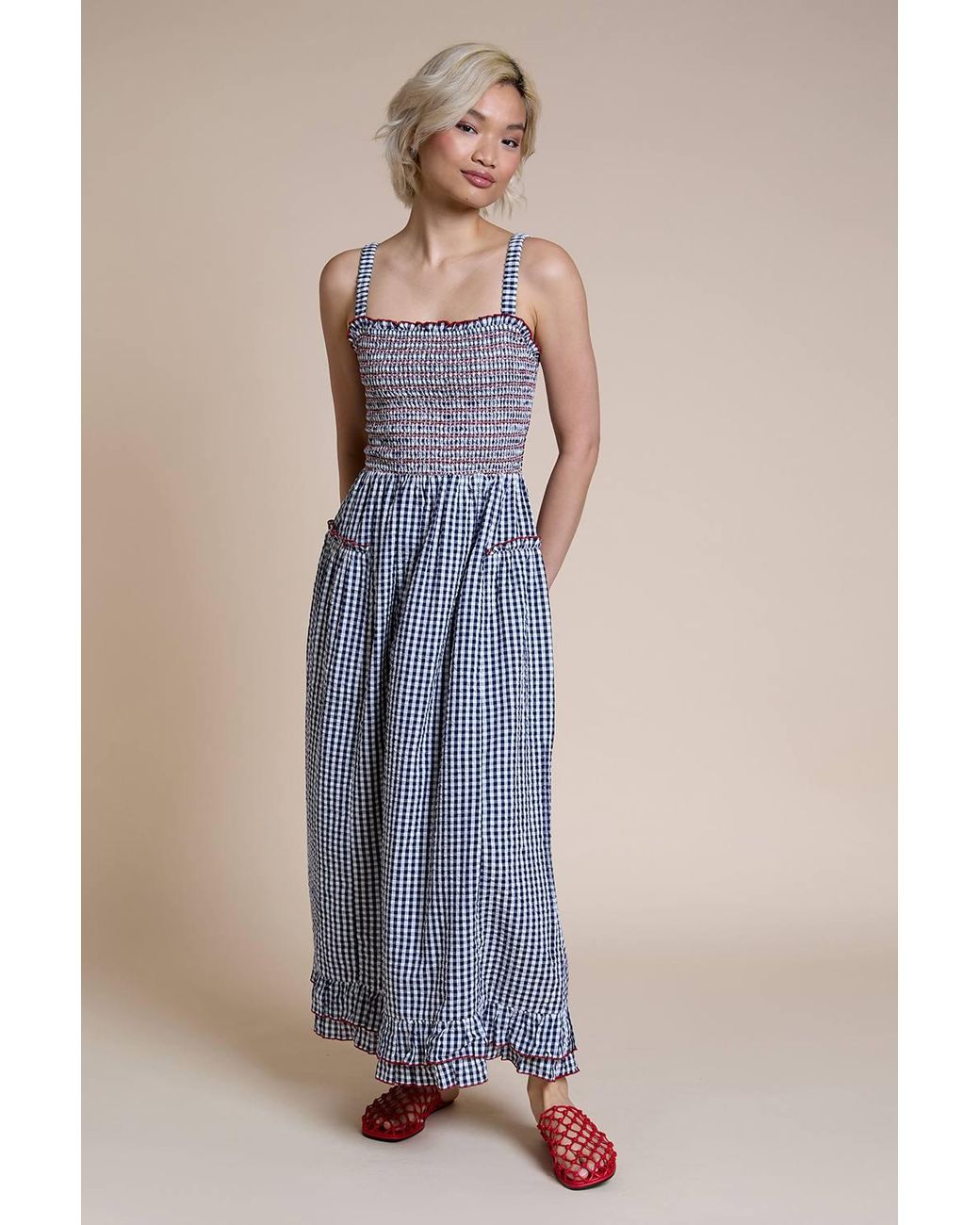 Neon Rose Blue Cotton Shirred Ruffle Detail Midaxi Dress