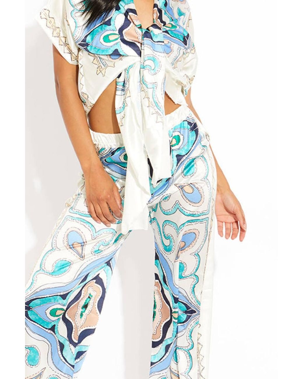 Stylewise Blue Printed Satin Oversized Blouse