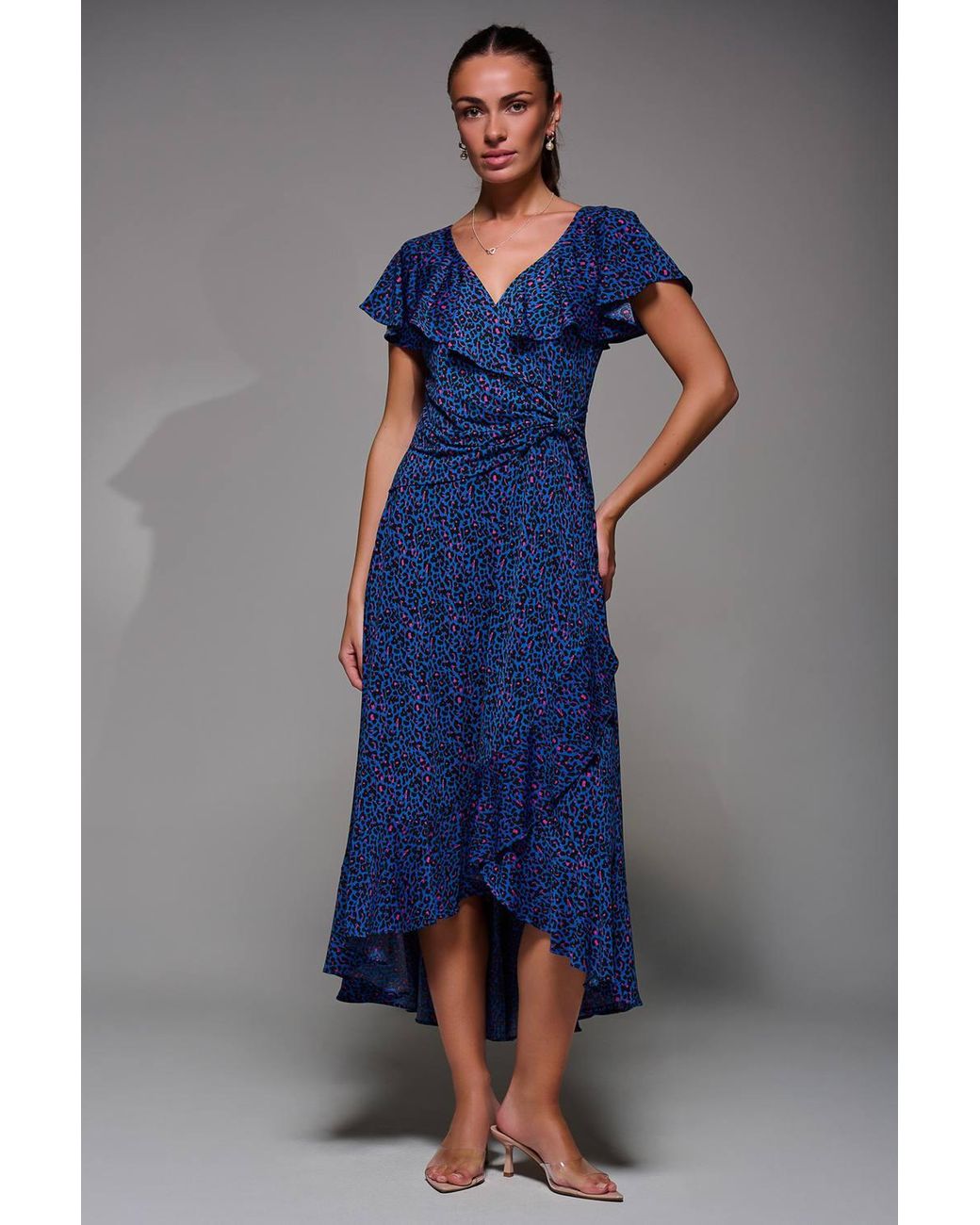 Jolie Moi Blue Animal Print Frill Maxi Dress