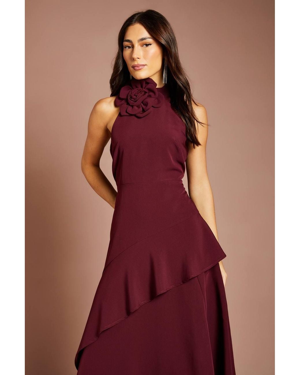 Coast Red Petite High Neck Corsage Detail Midi Dress
