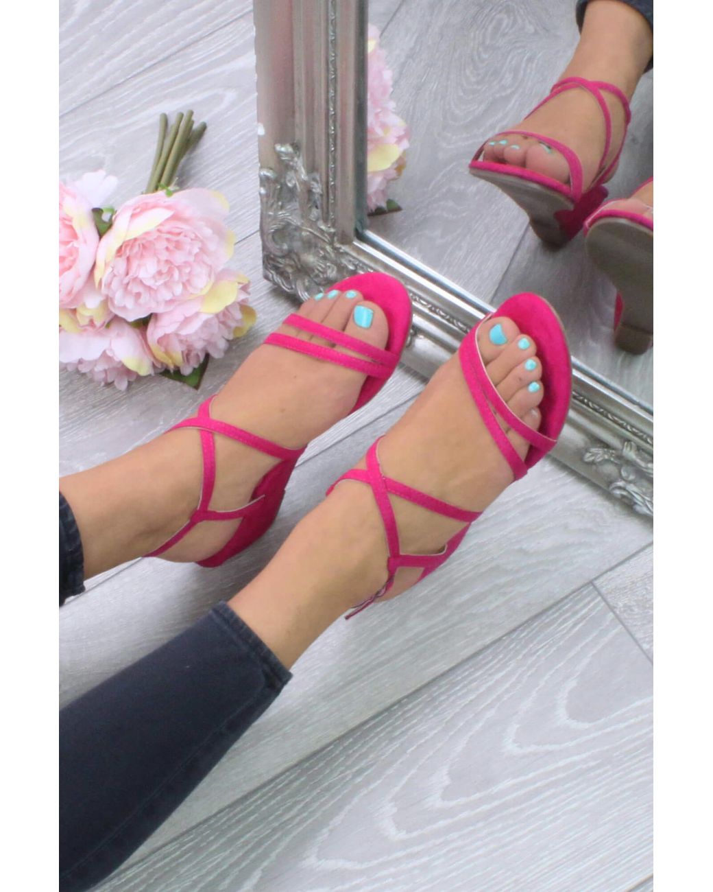 AJVANI Pink Mid Wedge Heel Crossed Straps Sandals