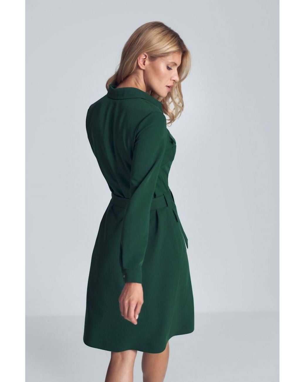 Love Lace Green Viscose Long Sleeve Shirt Dress With Belt