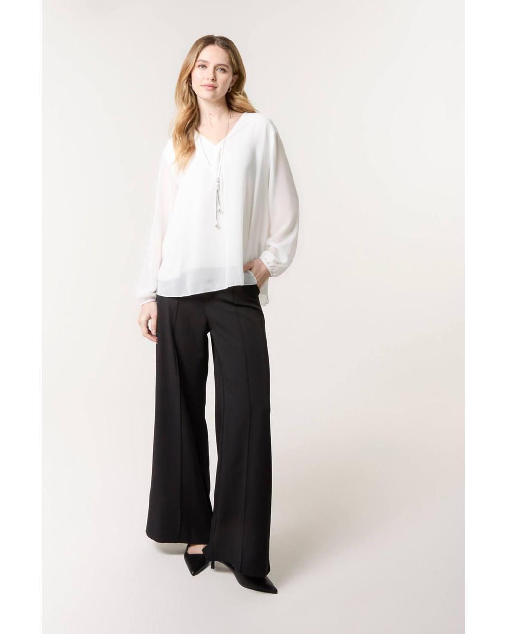 Blue Vanilla White Long Sleeve V-Neck Blouse