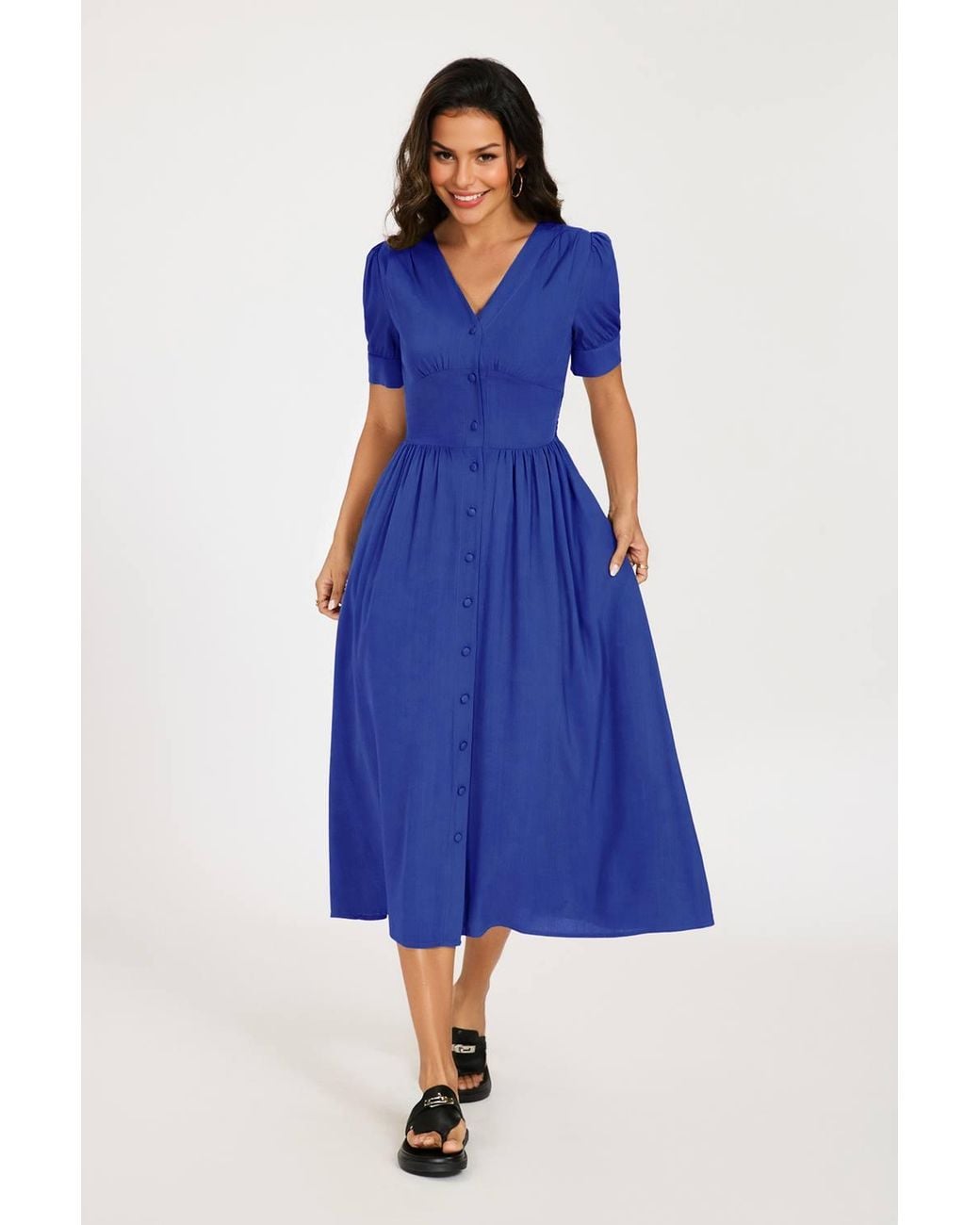FS Collection Blue Puff Sleeve Button-Front Midi Dress