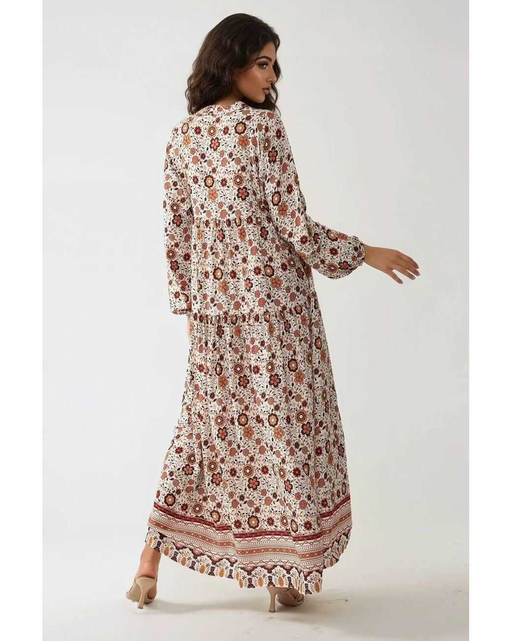 Hiccup Natural Printed V-Neck Maxi Dress With Buttons