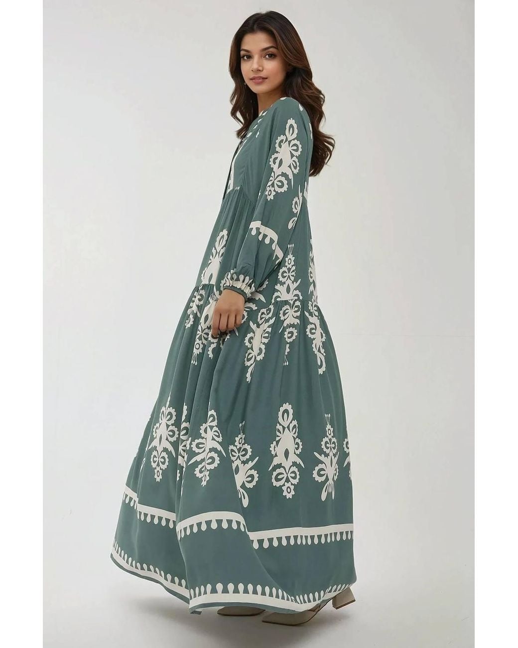 Hiccup Green Printed Long Sleeve Viscose Maxi Dress