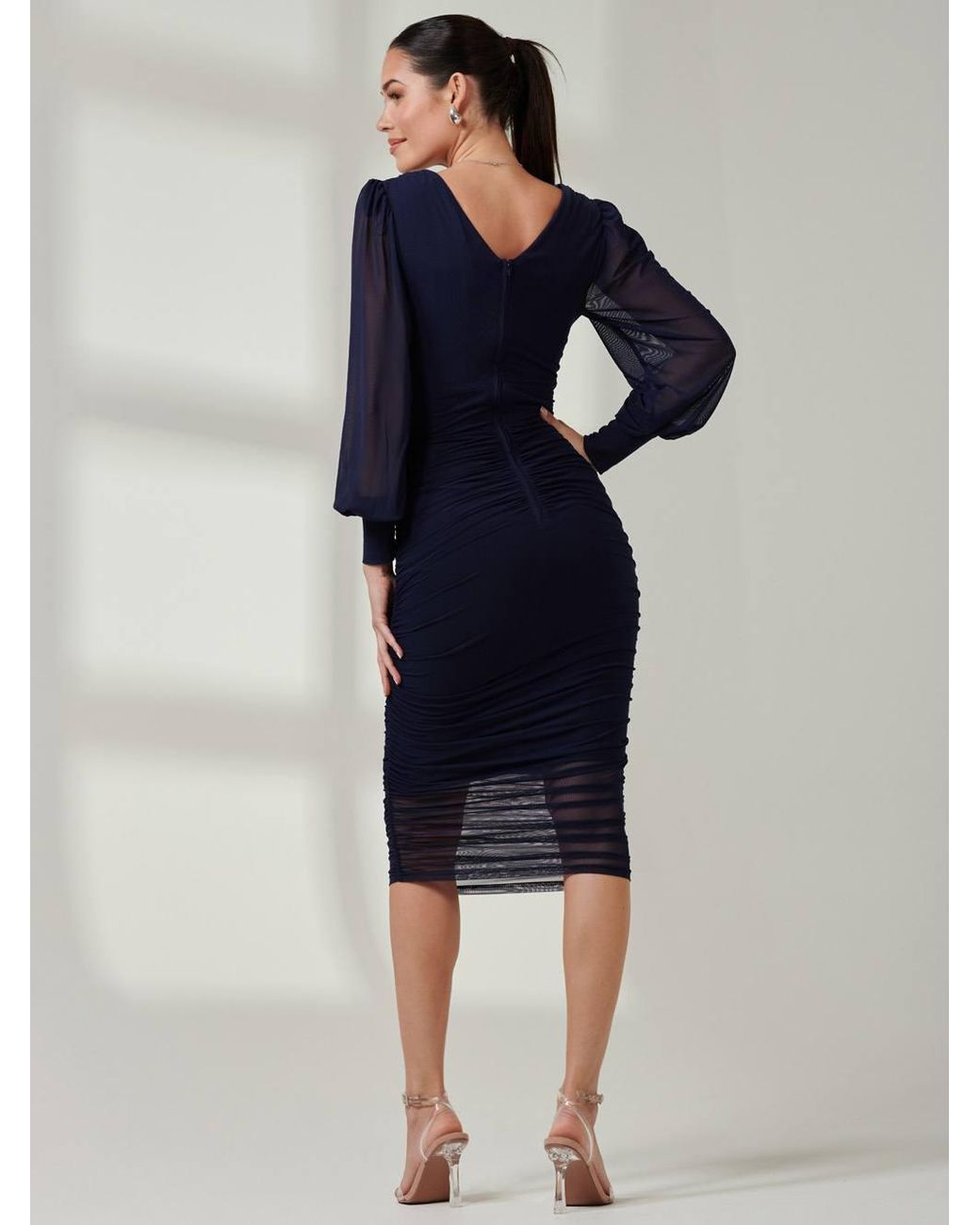 Jolie Moi Blue Long Sleeve Ruched Mesh Midi Dress