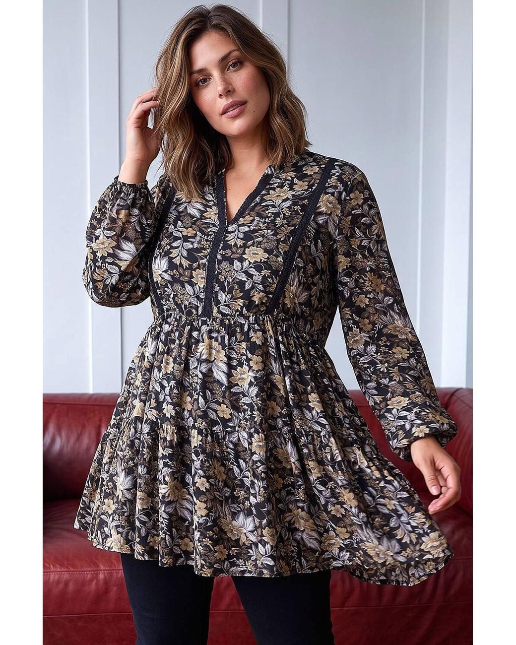 Roman Black Curve Floral Woven Tunic Top