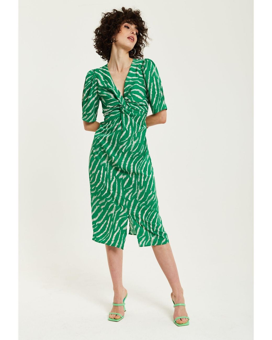 Liquorish Green Zebra Print Knot Front Midi Dress With Short Sleeves
