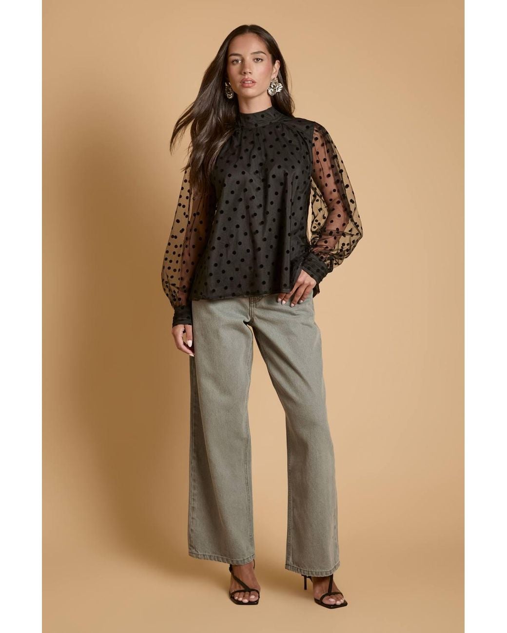 Oasis Black Polka Dot Mesh Pussybow Blouse