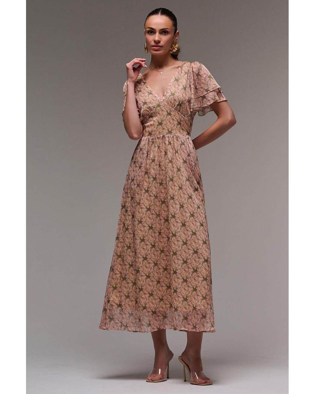 Jolie Moi Brown Layered Angel Sleeved Chiffon Maxi Dress