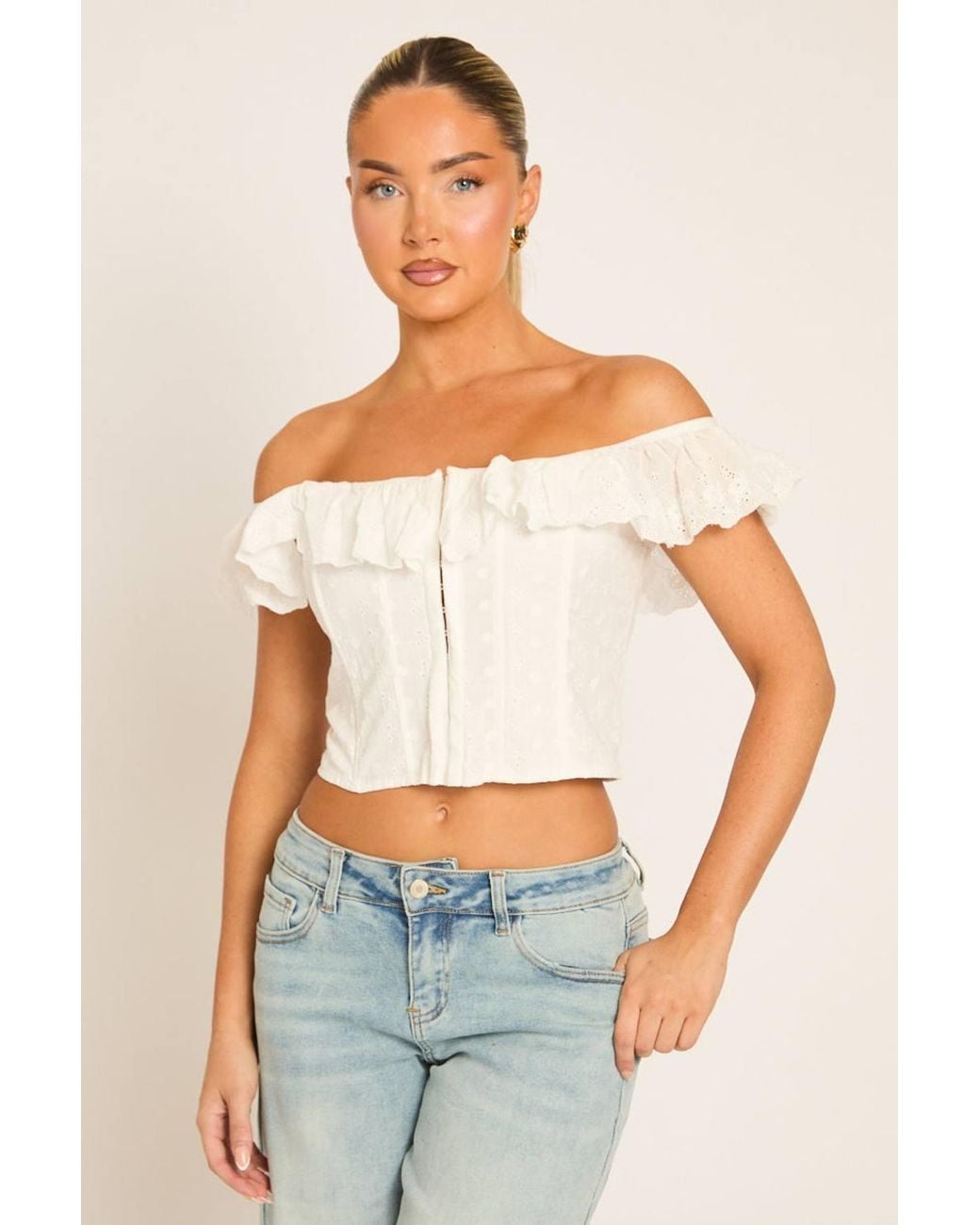 Rebellious Fashion White Bardot Frill Broderie Corset Top