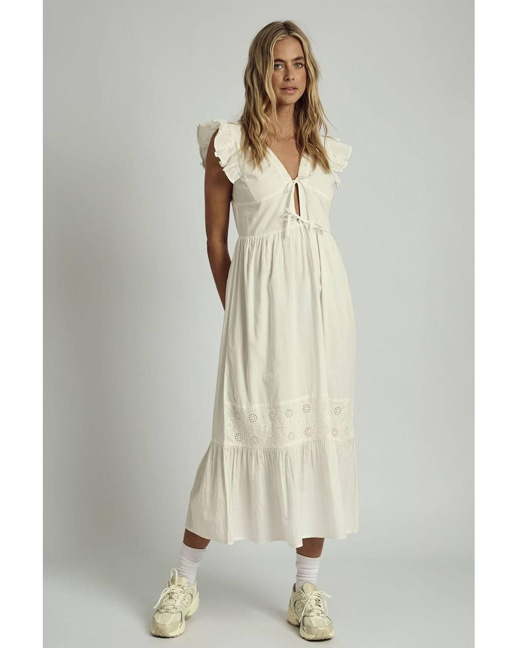 Native Youth Natural Cotton V-Neck Ruffle Sleeve Tie Embroidered Midi Dress