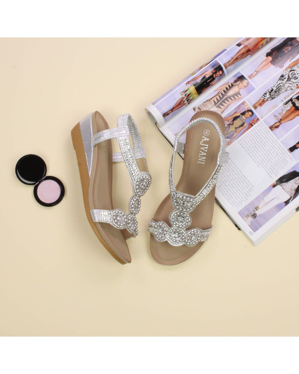 AJVANI White Mid Wedge Heel Diamante Slingback Sandals Wedges