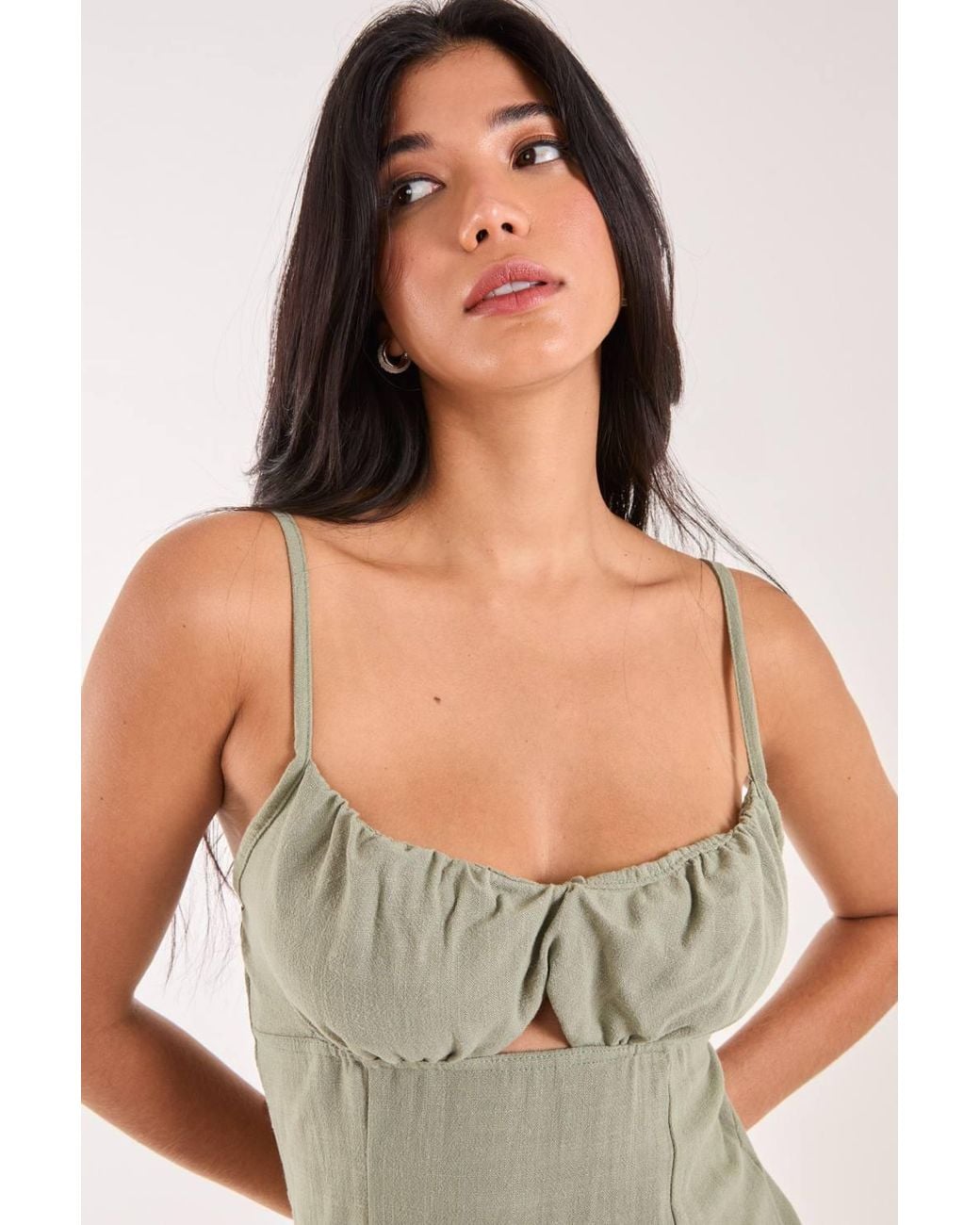 Pink Vanilla Green Ruched Linen Style Midi Dress