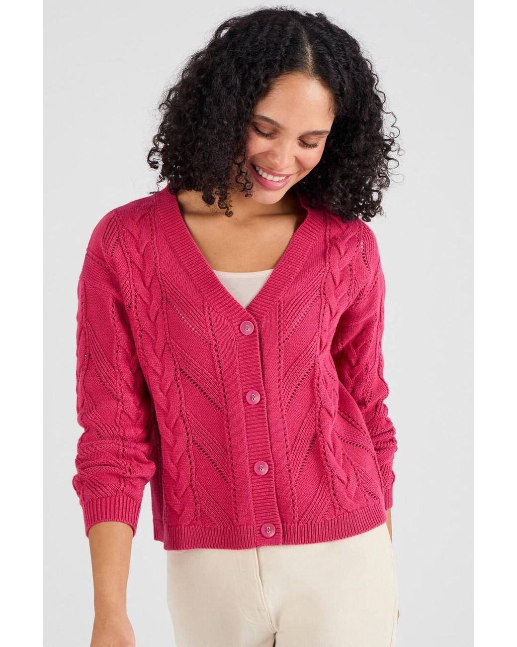 DAMART Pink Cotton Blend Chevron & Cable Stitch V-Neck Cardigan