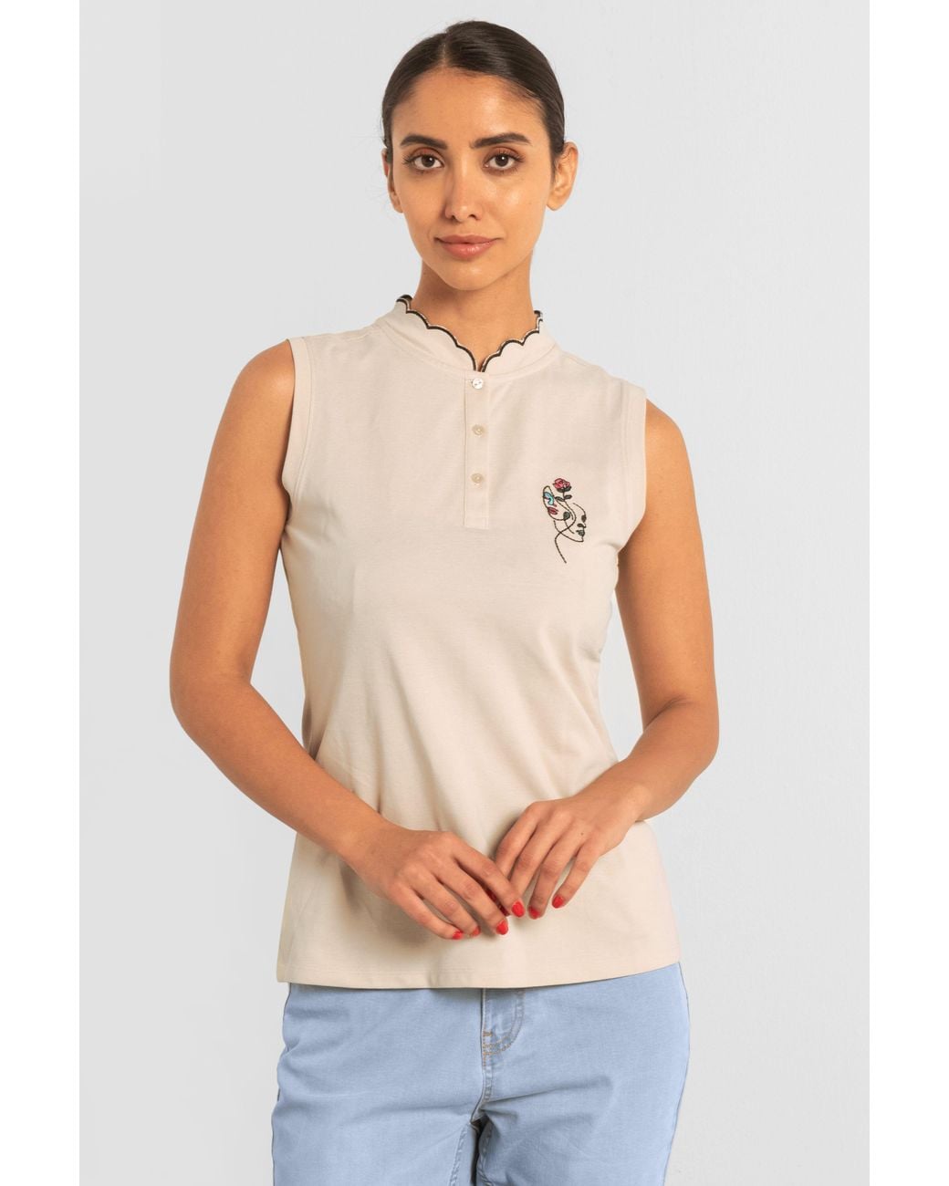 Enorsia Natural Regular Fit Sleeveless Pique Polo